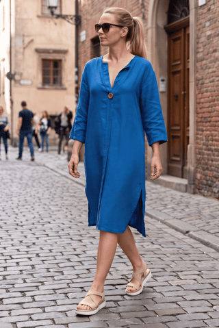 Cobalt Blue V-Neck Button Linen Midi Dress