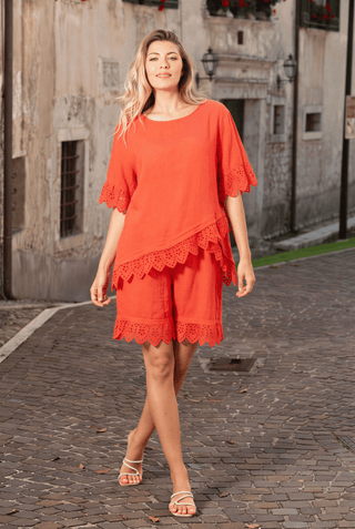 Coral Eyelet Scallop Lace Trim Linen Co-ord Set