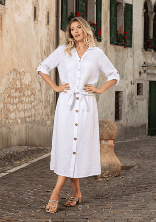 White Button Front Linen Midi Skirt