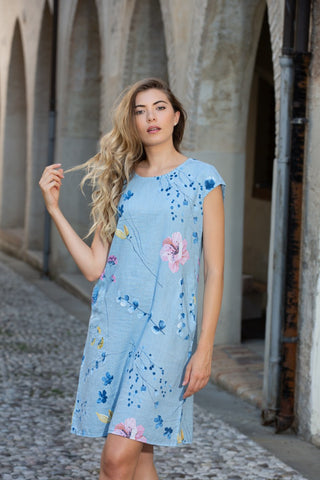 Cherry Blossom Print Linen Blend Shift Dress