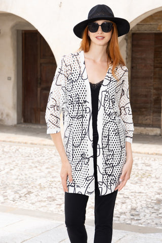 Abstract Face Print Open-Front Mesh Cardigan
