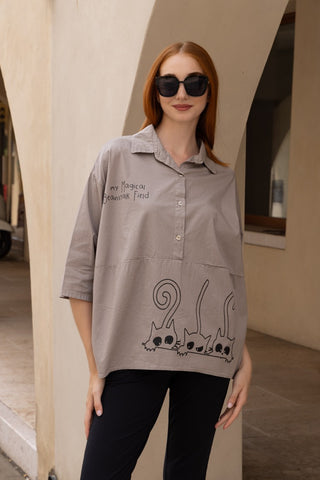 Magical Cats Graphic Oversized Polo Top
