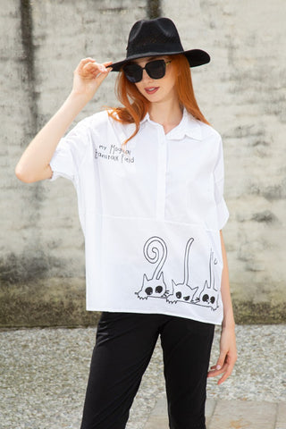 Magical Cats Graphic Oversized Polo Top