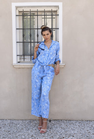 Linen Floral Print Button-Front Top