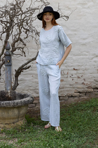Floral Applique Wide Leg Linen Pant