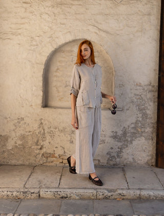 Linen Button-Front Top with Cargo Pockets