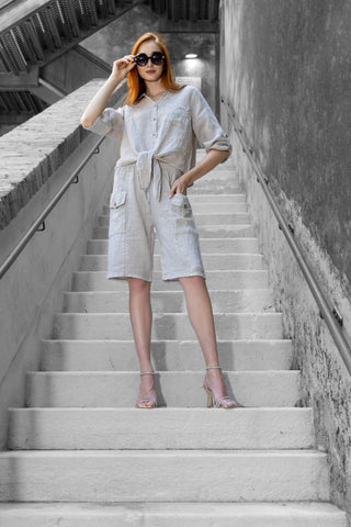 Linen Button-Front Top with Tie Waist