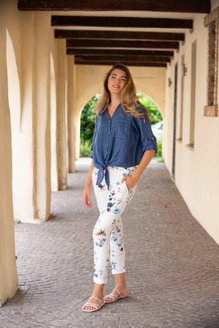 Cotton-Blend Floral Print Ankle Pants