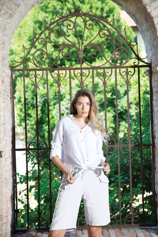 Linen Button-Front Top with Tie Waist