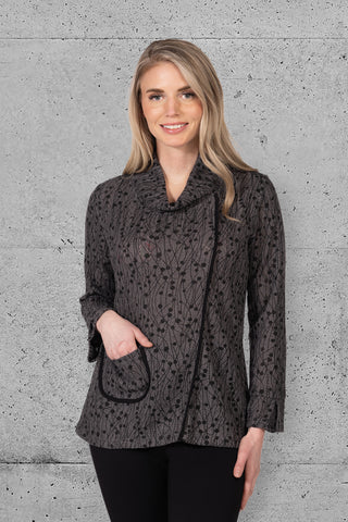 Cowl neck top with front pocket and asymmetrical hem