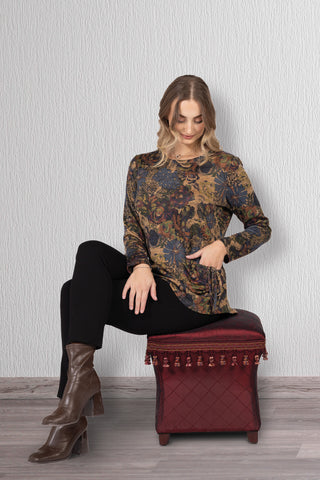 Floral tapestry print long sleeve top with side pocket and tie detail