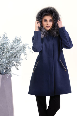 Navy blue color women’s Knee-Length Jacket with Fur Collar – Long Sleeve Winter Coat