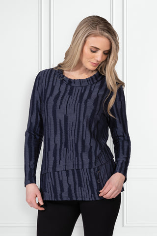 Navy textured long sleeve top with layered hem and button detail