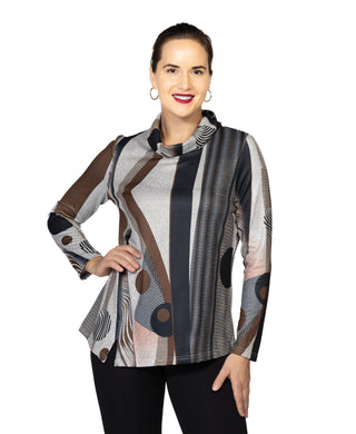 Cowl Neck Tunic – Geometric Print Long Sleeve Top