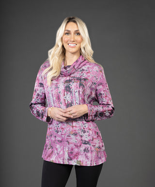 Cowl Neck Printed Tunic – Pink Abstract Art Pattern