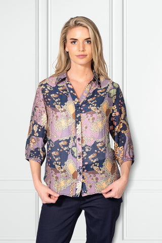 Patchwork Floral Print Button-Front Blouse