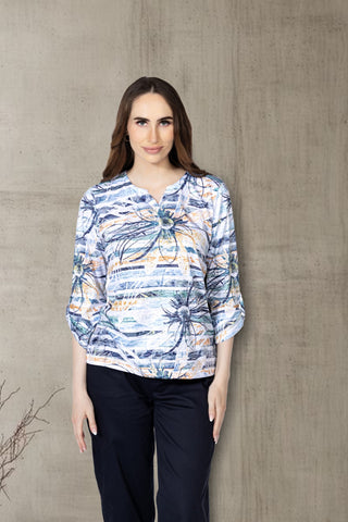 Abstract Floral Print Rolled Sleeve Top