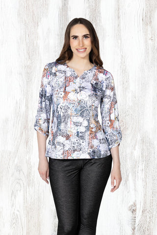 Sketch Floral Print Rolled Sleeve Blouse