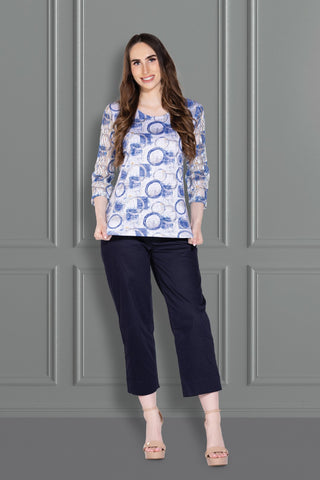 Abstract Print Top with Lace Mesh Sleeves