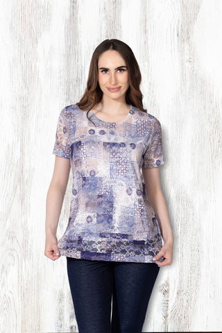 Abstract Watercolor Print Top with Lace Hem