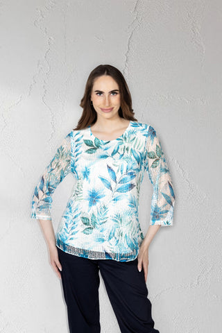 Tropical Leaf Print Top with Mesh Sleeves