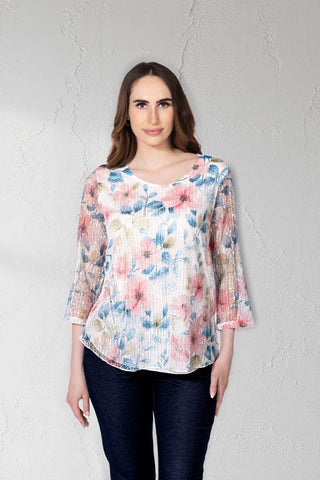 Watercolor Floral Print Top with Mesh Sleeves