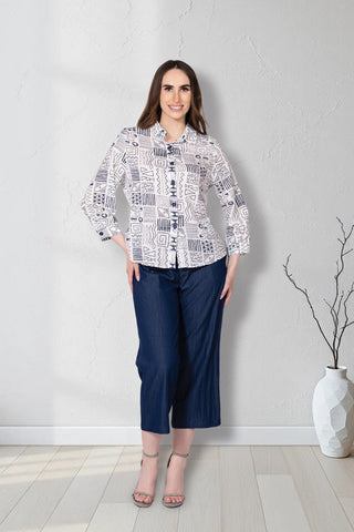 Black and White Geometric Print Button-Front Blouse