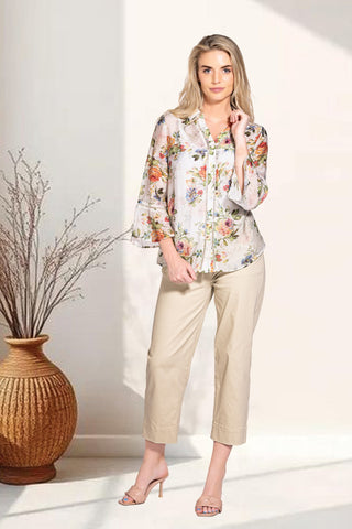 Botanical Floral Print Button-Front Blouse