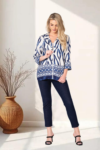 Navy and White Geometric Print Zip-Front Top