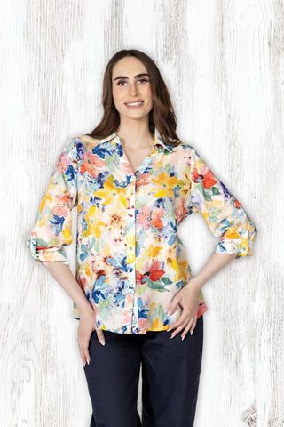 Watercolor Floral Print Linen Button-Front Blouse