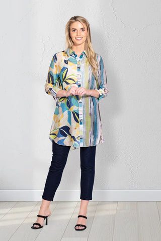 Abstract Floral and Stripe Print Long Tunic Blouse
