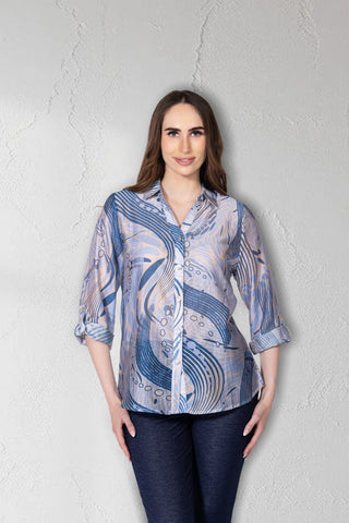 Blue Abstract Wave Print Button-Front Blouse