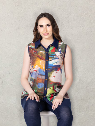 Abstract Art Print Sleeveless Button-Front Blouse