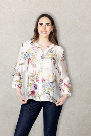 Botanical Sketch Print V-Neck Blouse