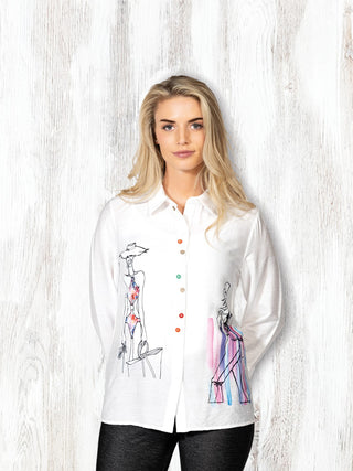 Fashion Sketch Print Button-Front Blouse