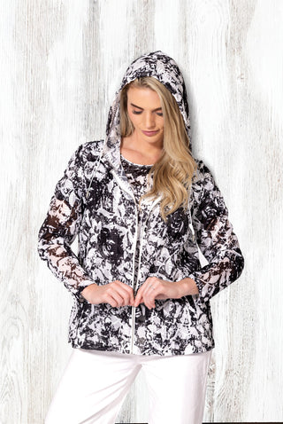Black and White Floral Print Hooded Zip Jacket