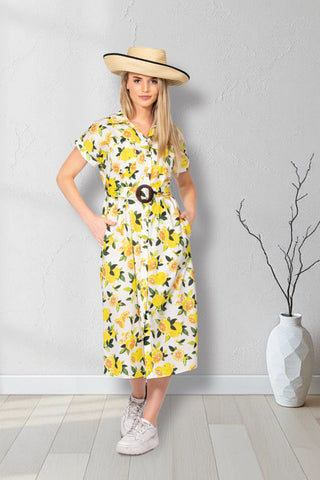 Lemon Print Button-Front Midi Dress