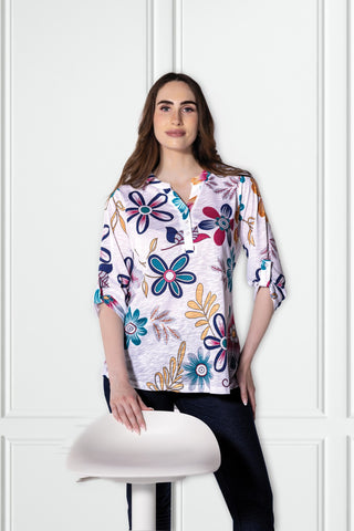 Bold Multicolour Daisy Print V-Neck Tunic Top