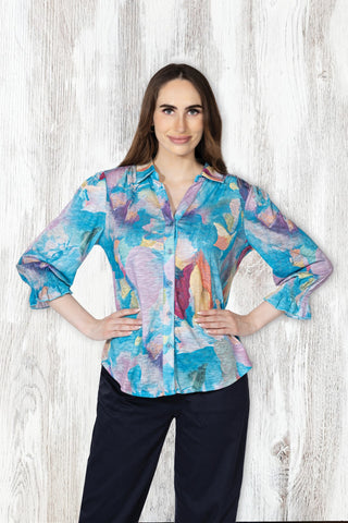Teal Abstract Watercolour Print Button-Front Blouse with Elastic Cuffs