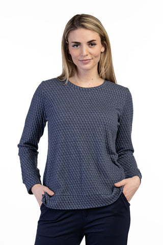 Self-pattern long-sleeve top with a round neckline and wide hem band, shown on a model