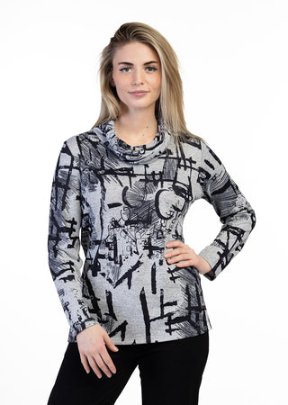 Long-sleeve cowl neck top with an all-over abstract graphic print