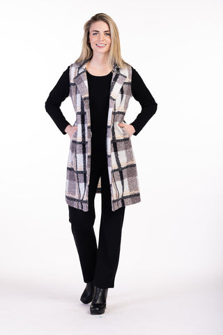 Monochrome Plaid Open Front Long Vest Jacket