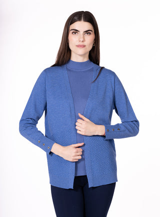 Open-front knit cardigan with long sleeves, button-detail cuffs and ribbed hem, shown on a model