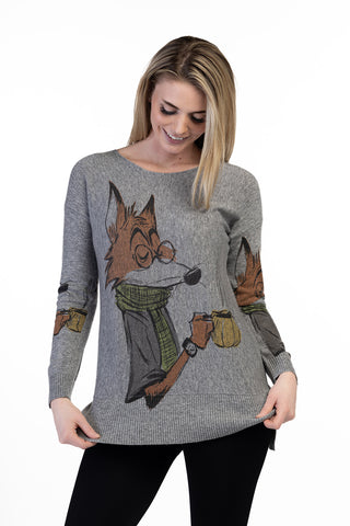 Grey Fox Print Long Sleeve Knit Sweater