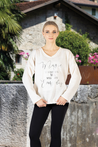 White color women’s solid V-neck top with relaxed fit 