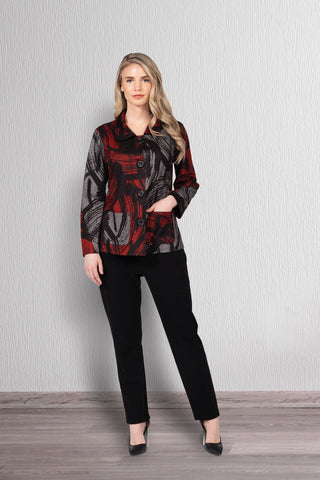 Women's printed button-front jacket with collar and front pocket

