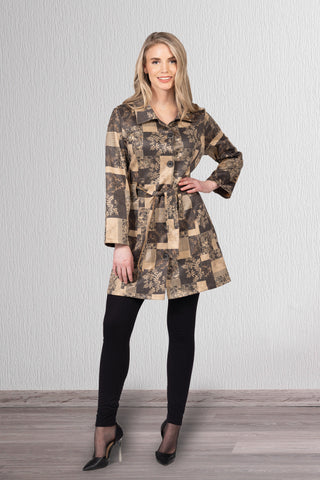Women's suede printed jacket with button front, collar, and waist belt