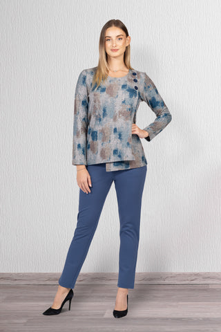 abstract print layered top with decorative buttons