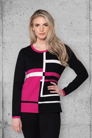black fuchsia color women-s-geometric-block-knit-sweater