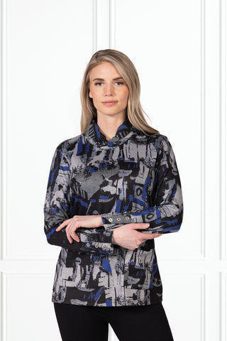 blue and grey abstract print top with cowl neck and button cuffs